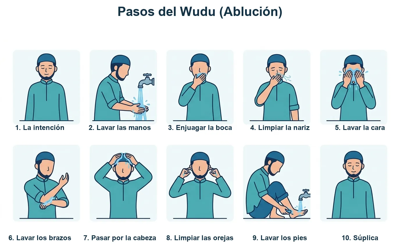 Infografía de los 10 pasos del Wudu en español